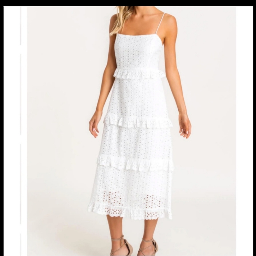 Lush White Eyelet Tiered 💯 Cotton Midi Dress Sz M Adjustable Straps